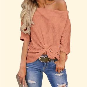 Casual Waffle Knit Tunic Blouse Off The Shoulder T Shirt Pink Coral Medium
